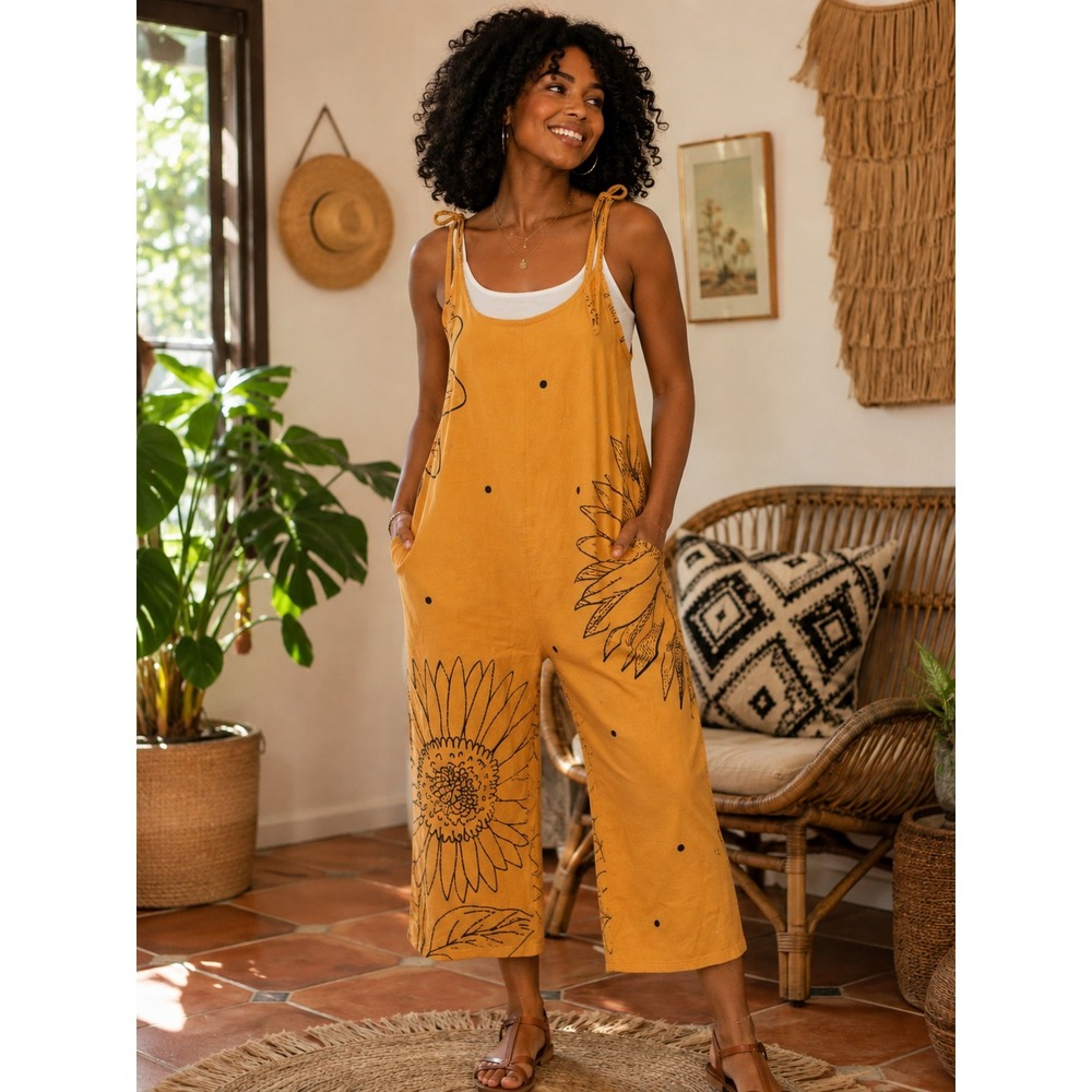 Sunflower Print Wide Leg Overalls Mustard Yellow Floral Tie Strap Jumpsuit XL